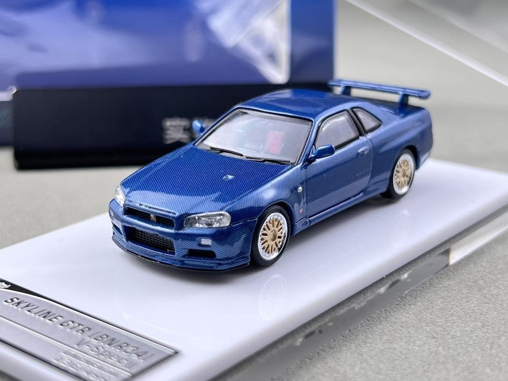 SH 1:64 Blue Carbon Skyline GTR R34 Sports Model Diecast Metal Car New Collection