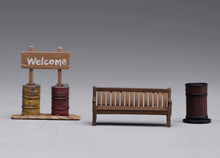 Load image into Gallery viewer, 1:64 Painted Figure Model Miniature Resin Diorama Oil Drum Road Sign Bench Set
