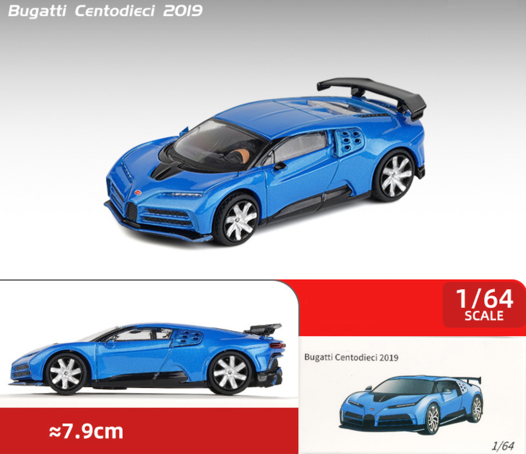 Modèle De Voiture Bugatti Centodieci 1:64 JKM - Métal Moulé, Boîte Collection, Couleur Bleue