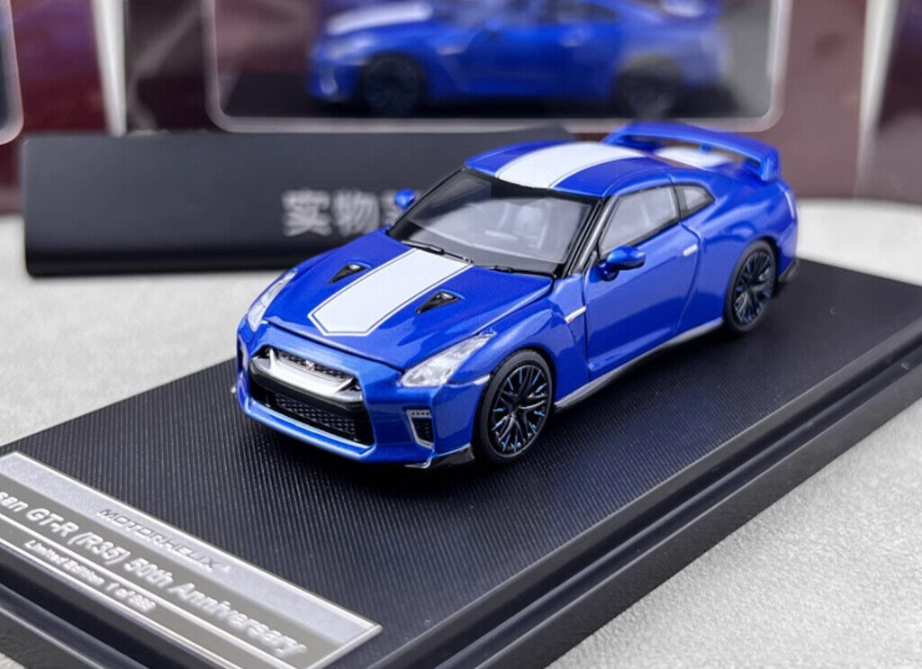 MH 1:64 Blue 50th Skyline GTR R35 Racing Sports Model Diecast Metal Car New Collection