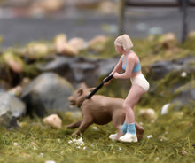 Load image into Gallery viewer, 1:64 Painted Figure Model Miniature Resin Sand Dog Walking Girl Lady Woman Pet
