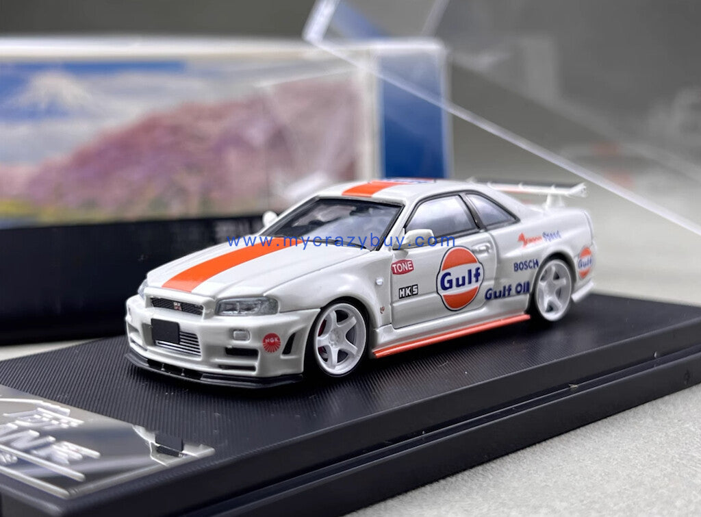 Fuji 1:64 White Gulf Skyline GTR R34 Z-Tune Sports Model Diecast Metal Car New Collection