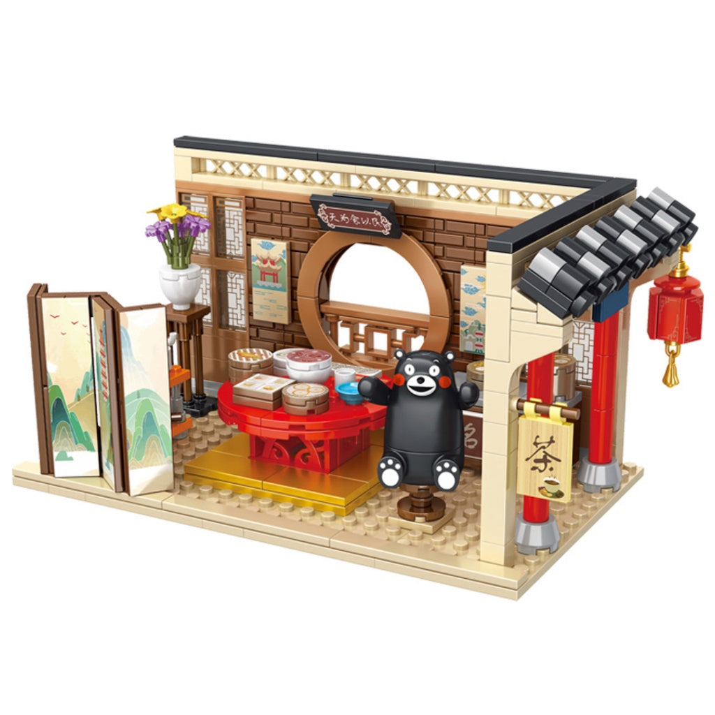 350PCS MOC Cartoon Kumamon Bear Morning Tea House Shop Figure Model Toy Building Block Brick Gift Kids DIY Compatible Lego