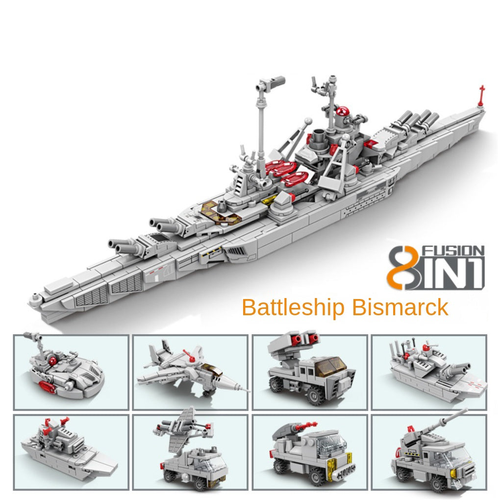 758PCS Military WW2 8in1 KMS Bismarck Battleship Model Toy Building Block Brick Gift Kids DIY Set New Compatible Lego