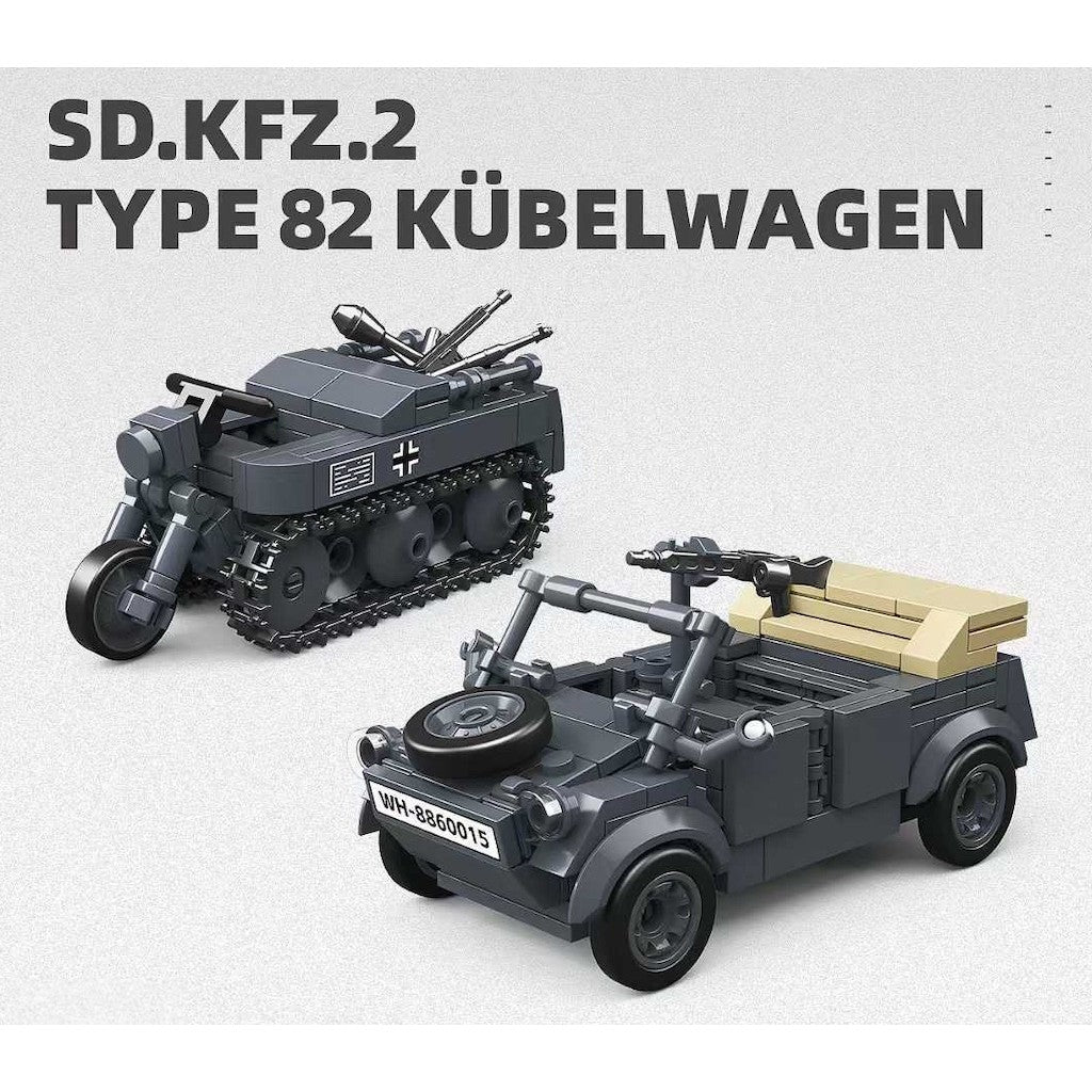 336PCS MOC Military Set SD.KFZ.2 Half Track Motorcycle Type VW82 Kubelwagen Model Toy Building Block Brick Gift Kids DIY Set New 1:35 Compatible Lego