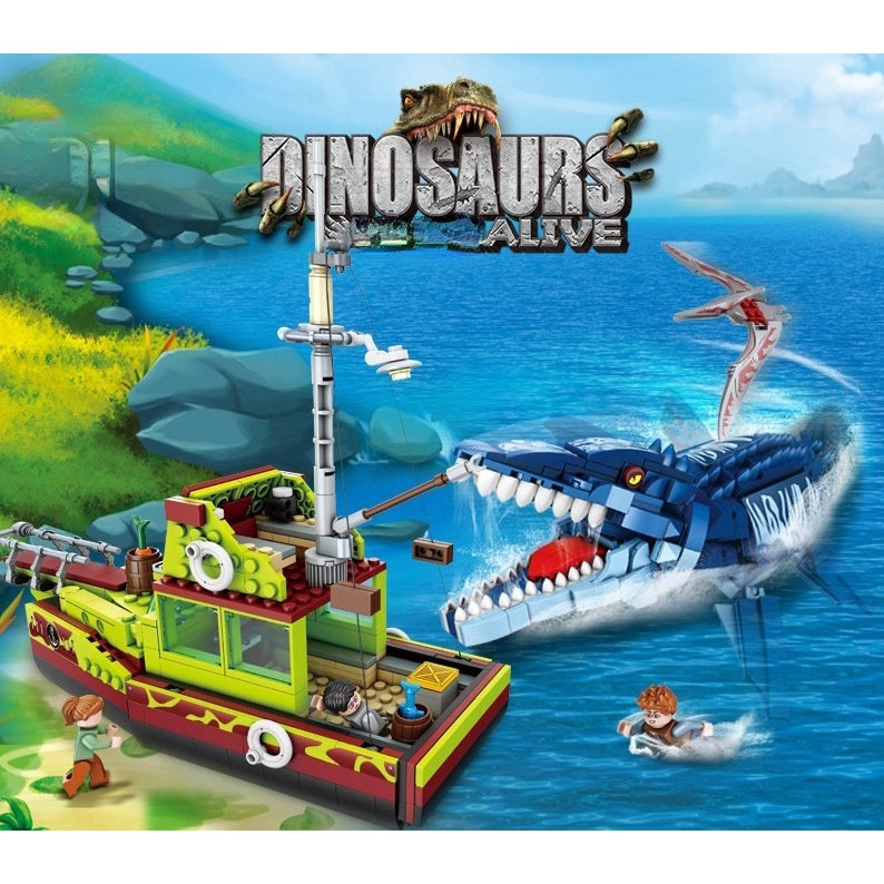 888PCS MOC Mosasaurus Escape Dinosaur Figure Fishing Boat Model