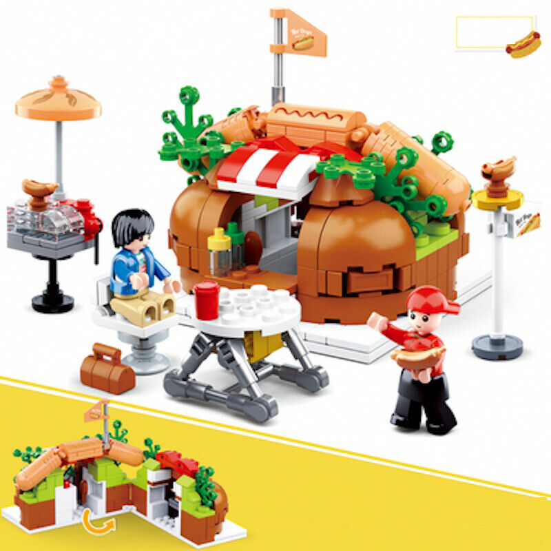 345PCS City Street Hot Dog Food Store Shop Building Blocks Brick Model Figure Fully Compatible With Lego