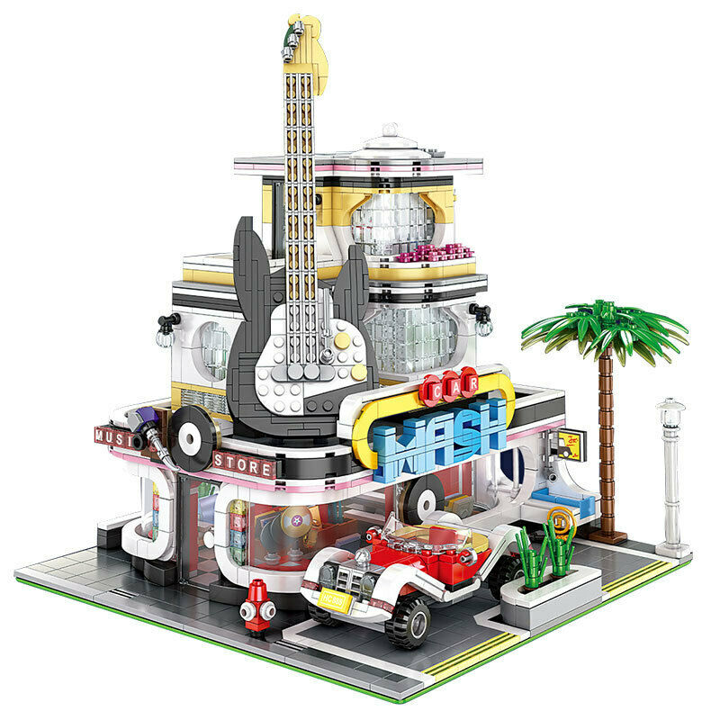 2168PCS City Street Guitar Shop Building Blocks Bricks Educational Toy Model Set Light Fully Compatible With Lego