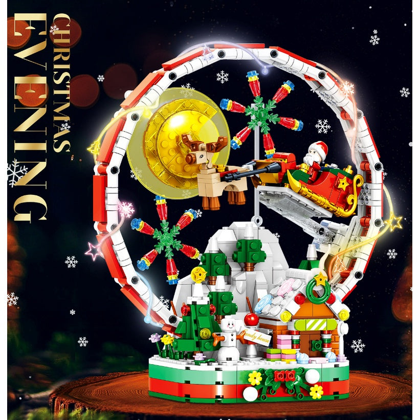 878PCS MOC Micro Mini Christmas Eve Ferries Wheel Santa House Model Toy Building Block Brick Gift Kids Display Light