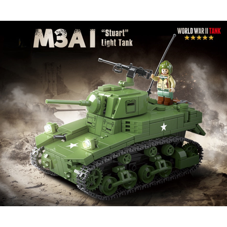 601PCS Military WW2 M3A1 Stuart Light Tank Figure Model Toy Building Block Brick Gift Kids Compatible Lego