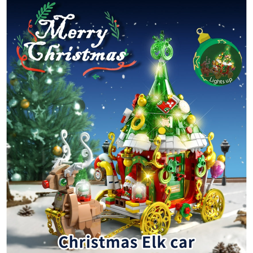648PCS MOC Christmas Elk Reindeer Cart Car Santa Model Toy Building Block Brick Gift Kids Compatible Lego Light