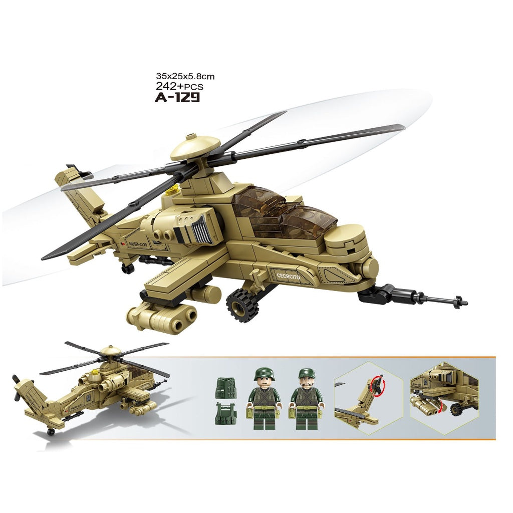 242PCS Military WW2 A-129 Mangusta Helicopter Figure Model Toy Building Block Brick Gift Kids Compatible Lego